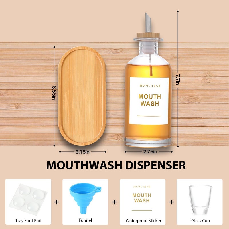 BONLONG 11.8OZ Glass Mouthwash Dispenser for Bathroom with Stainless Steel & Bamboo Nozzle, Mouthwash Cup Reusable, Bamboo Tray, and Elegant Gold Sticker.Set of 2（Clear - Image 3